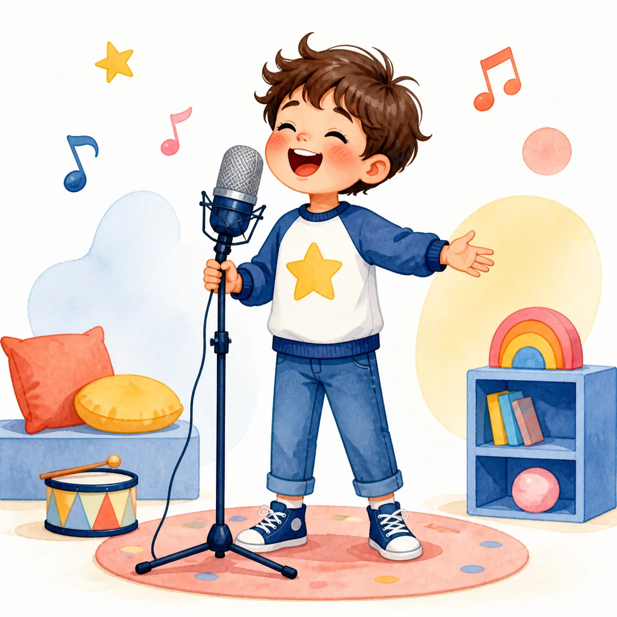 Illustration eines fröhlichen Kindes beim Singen am Mikrofon